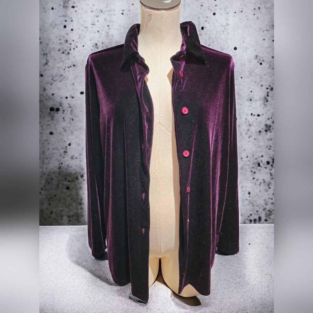 Kathie Lee Collection Womens Purple Velour Button Down [L]